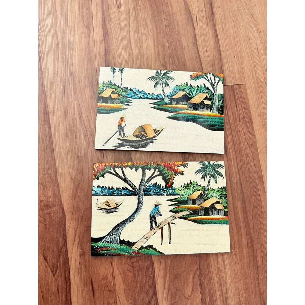Vintage Vietnamese Lacquer Wood‎ Wall Art Set 2 River Landscape Village Scenes